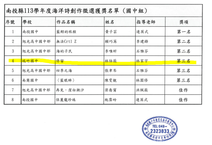 賀本校林詠薇同學榮獲114年度南投縣度海洋詩創作徵選第三名，指導老師林家宇老師圖片